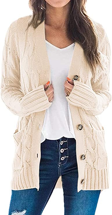 YACUN Women's Cable Knit Cardigan Long Sleeve Button Down Sweater with Pocket Knit, Beige, Small